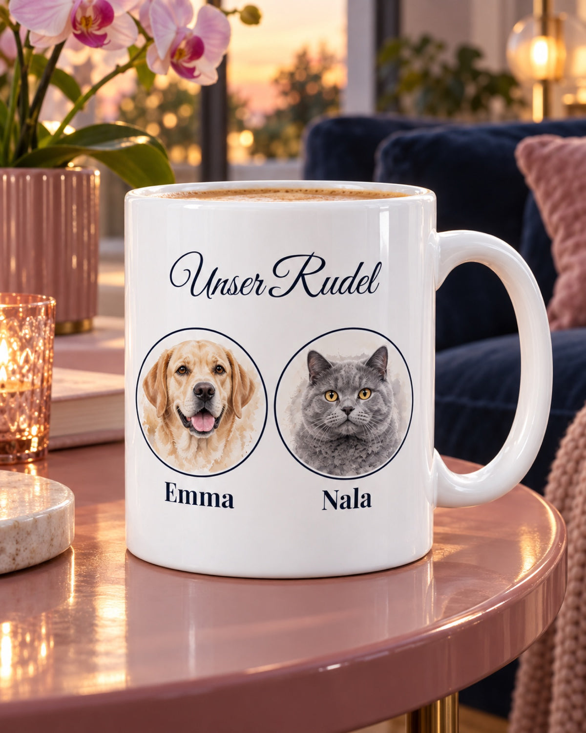 Weiße Keramiktasse Rudel-Tasse mit 2 oder 3 Tieren und Namen auf einem rosa Beistelltisch im Wohnzimmer