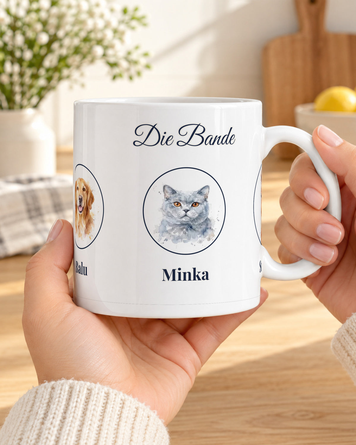 Rudel-Tasse mit 2 oder 3 Tieren und Namen, Rudel mit 3 Tieren in den Händen