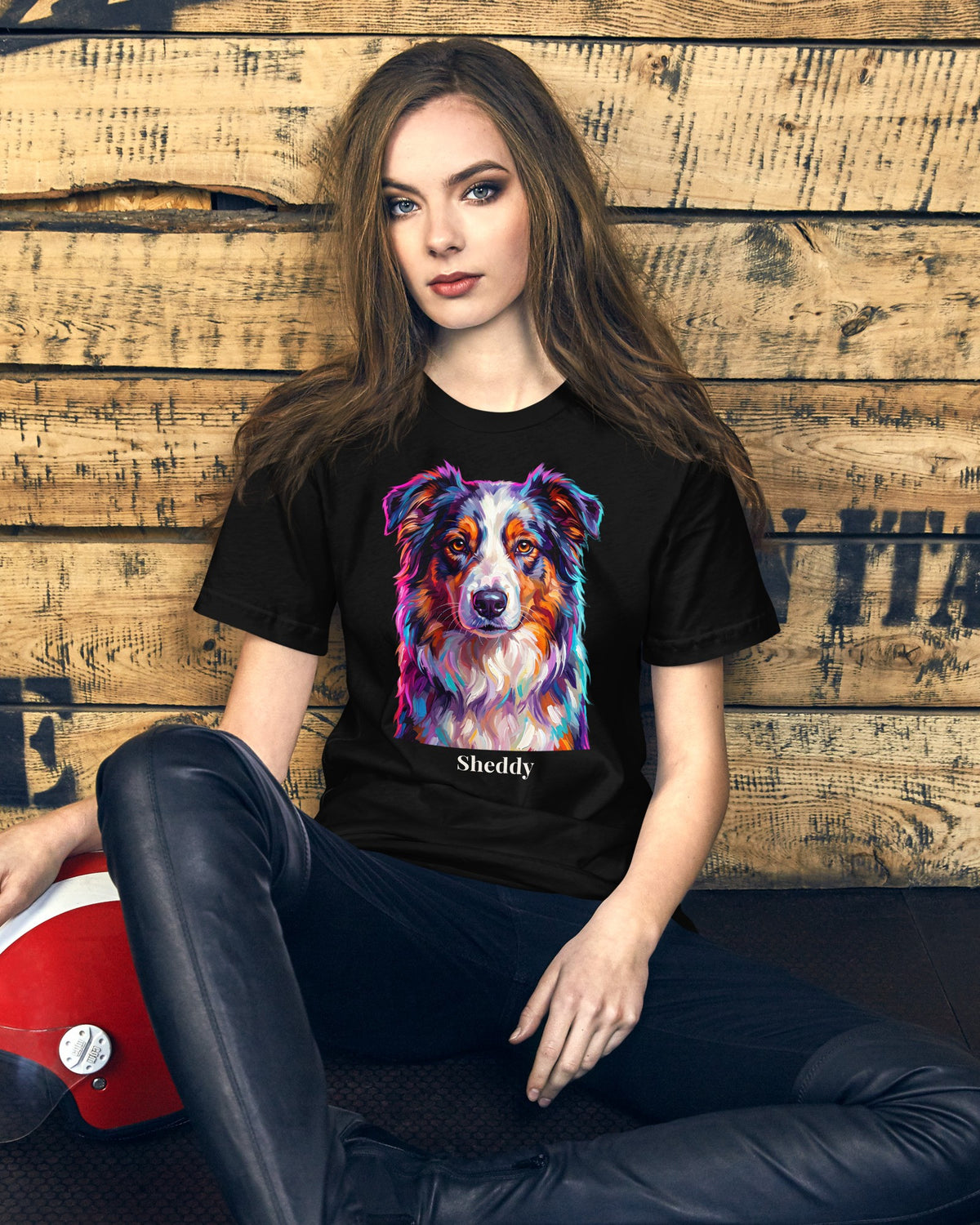 T-Shirt in Schwarz mit Portrait von einem Australian Shepherd im Stil Pop-Art und dem Namen Sheddy, getragen von einer Frau