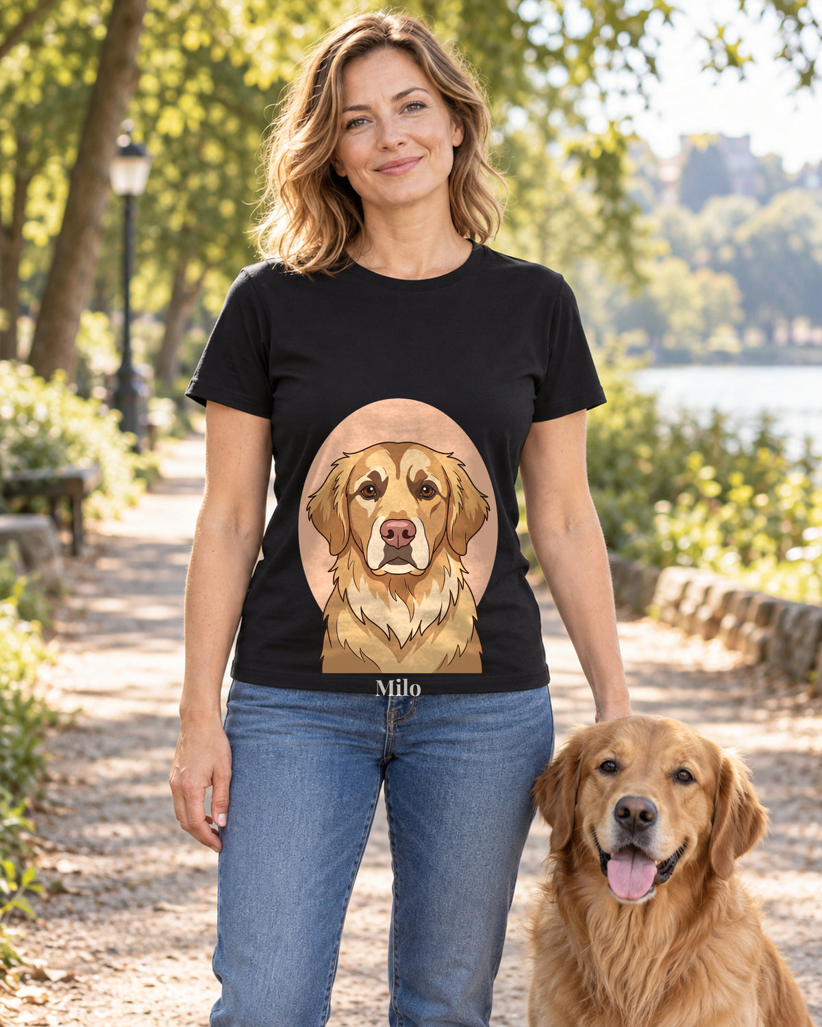 T-Shirt in Waldgrün mit Portrait von einem Golden Retriever im Stil Cartoon und dem Namen Milo, getragen von einer Frau im Park mit ihrem Hund