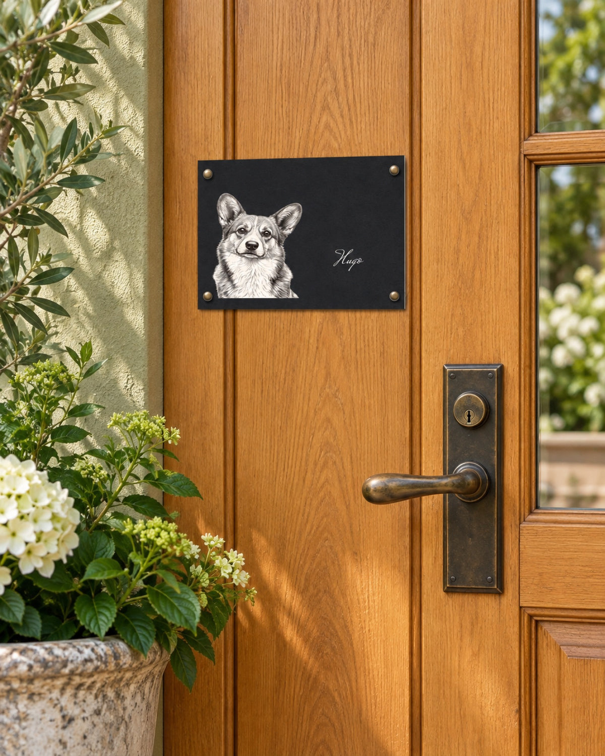 Türschild mit Corgi Hugo an einem goldenen Holzeingang im Frühling