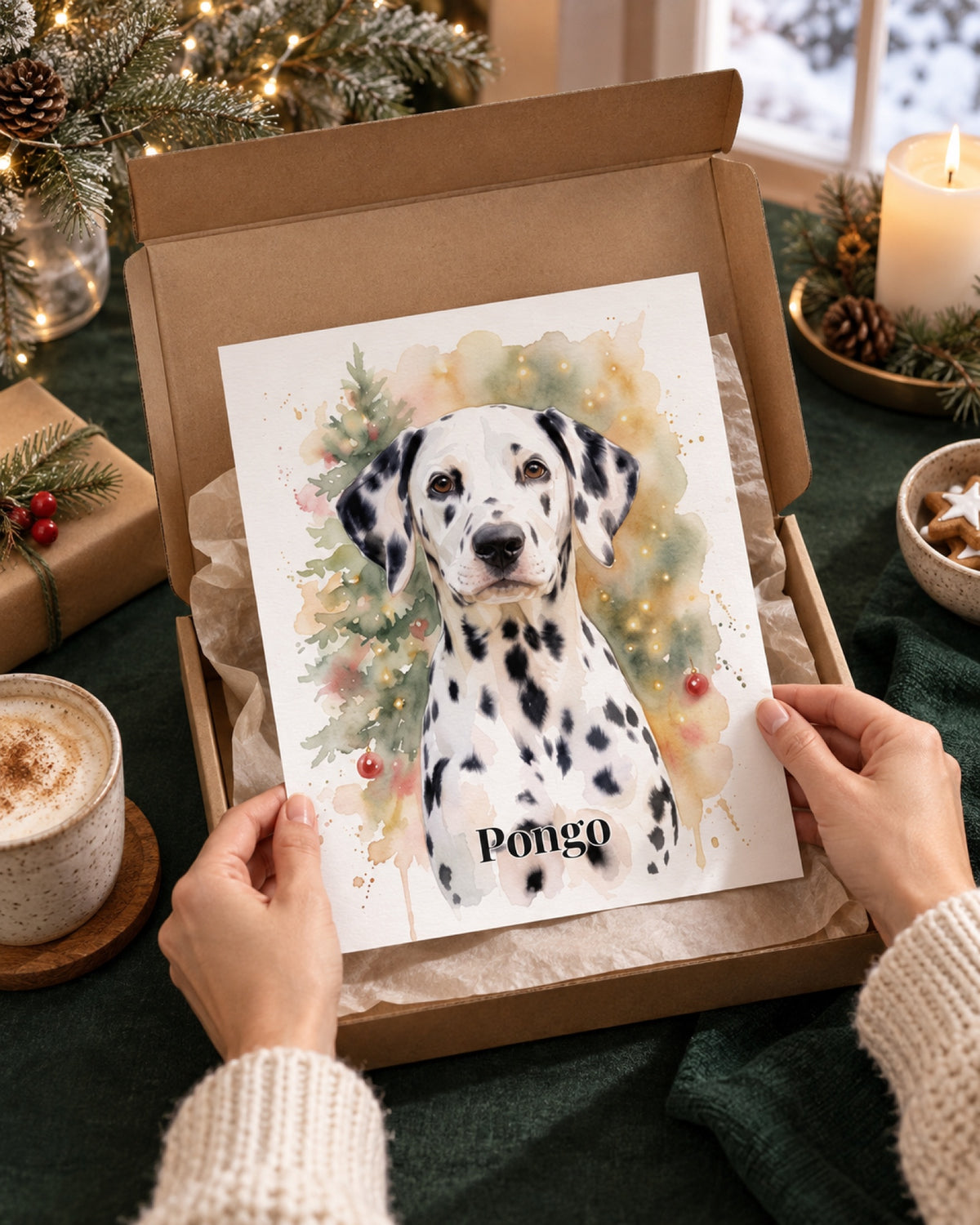 Ungerahmtes Poster mit Dalmatiner Pongo in einer Lifestyle-Szene: tiefgrüner Geschenktisch, rahmenloses Poster im offenen flachen Versandkarton, Wintermorgen
