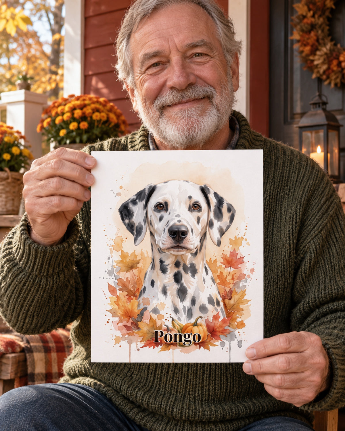 Ungerahmtes Poster mit Dalmatiner Pongo in einer Lifestyle-Szene: älterer Mann in grünem Strick hält rahmenloses Poster vor rostroter Herbstveranda