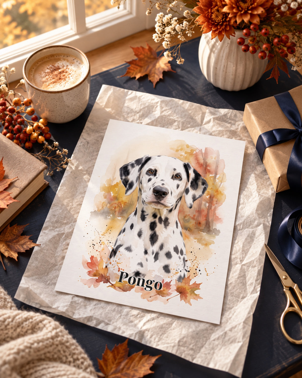 Ungerahmtes Poster mit Dalmatiner Pongo in einer Lifestyle-Szene: marineblauer Geschenktisch am Herbstfenster, rahmenloses Poster liegt auf hellem Seidenpapier