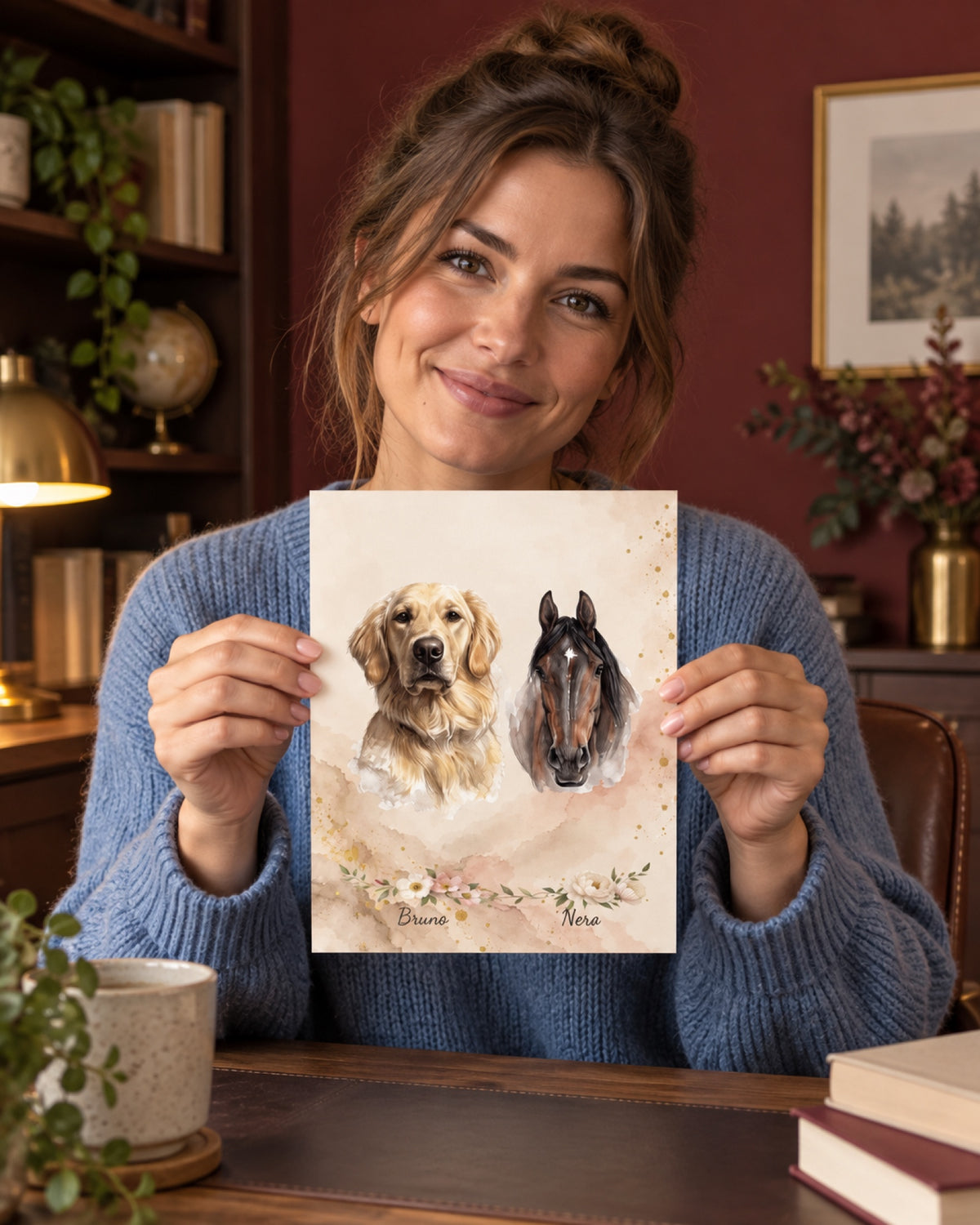 Ungerahmtes Poster mit Golden Retriever Bruno und Rappe Nero in einer Lifestyle-Szene: bordeauxrotes Arbeitszimmer, Frau im blauen Pullover hält das kleine ungerahmte Doppelportrait