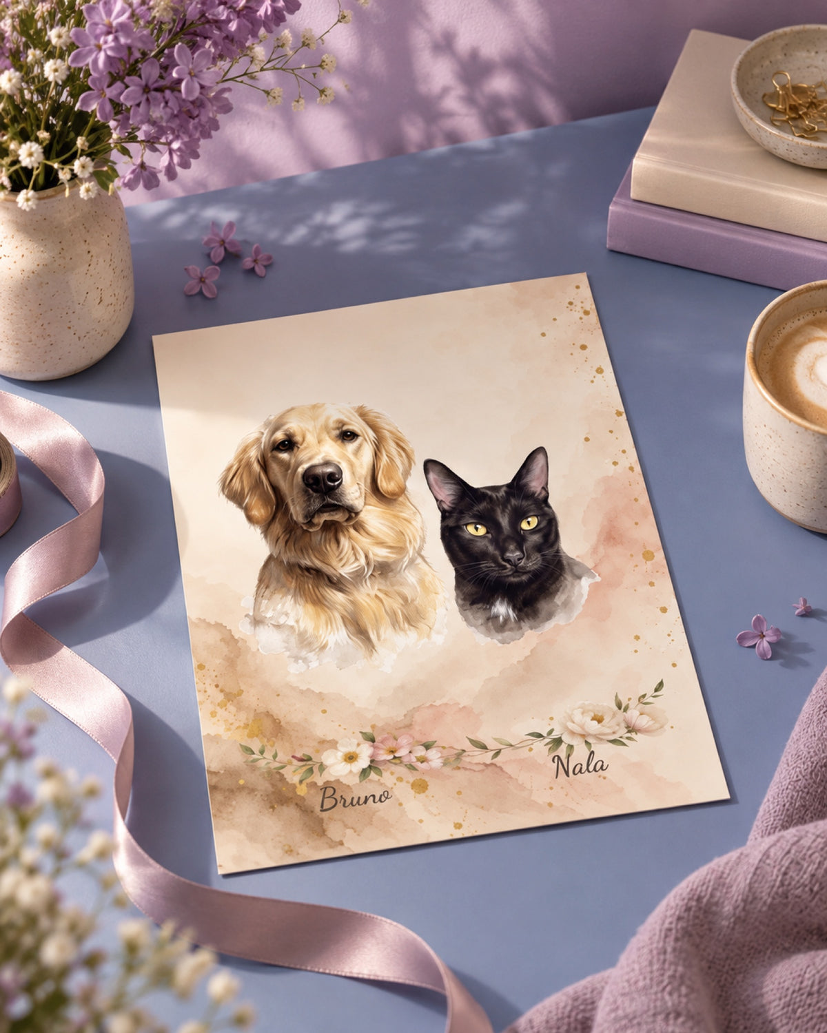 Ungerahmtes Poster mit Golden Retriever Bruno und schwarze Katze Nala in einer Lifestyle-Szene: lilafarbenes Atelier, rahmenloses Doppelportrait flach auf einem blauen Tisch, schlichtes Geschenkband