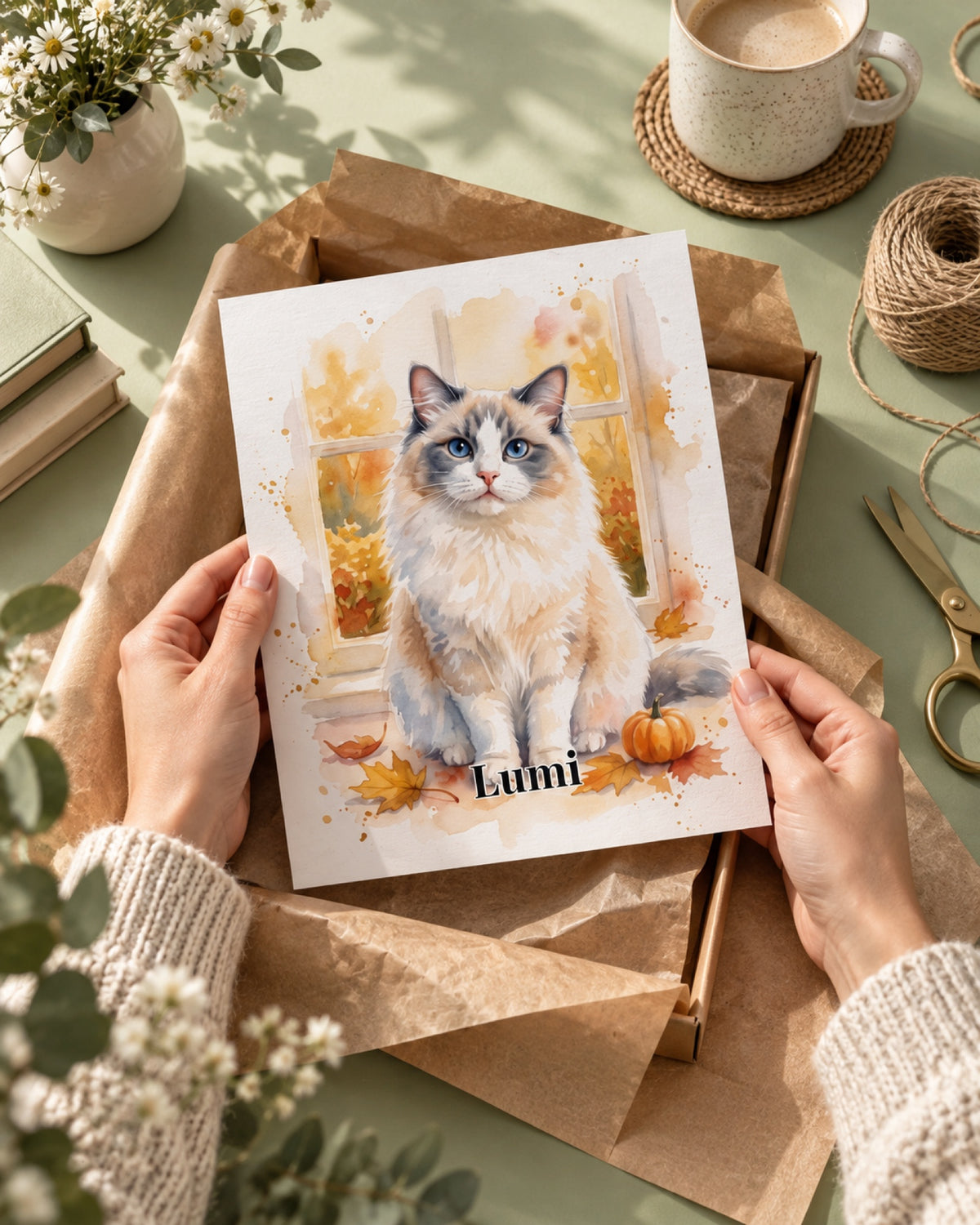 Ungerahmtes Poster mit Ragdoll Lumi in einer Lifestyle-Szene: hellgrüner Basteltisch mit leerem Packpapier, rahmenloses Poster in Geschenkverpackung