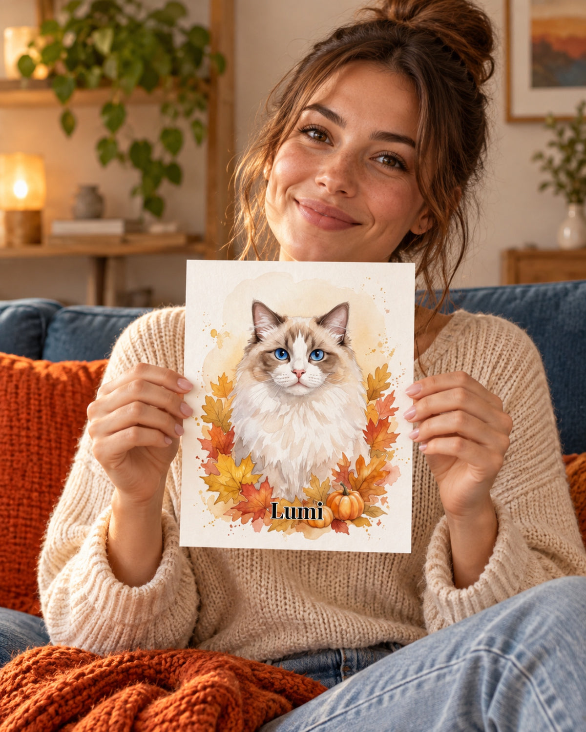 Ungerahmtes Poster mit Ragdoll Lumi in einer Lifestyle-Szene: blaues Sofa mit orangefarbener Decke, Frau hält das kleine rahmenlose Poster mit beiden Händen