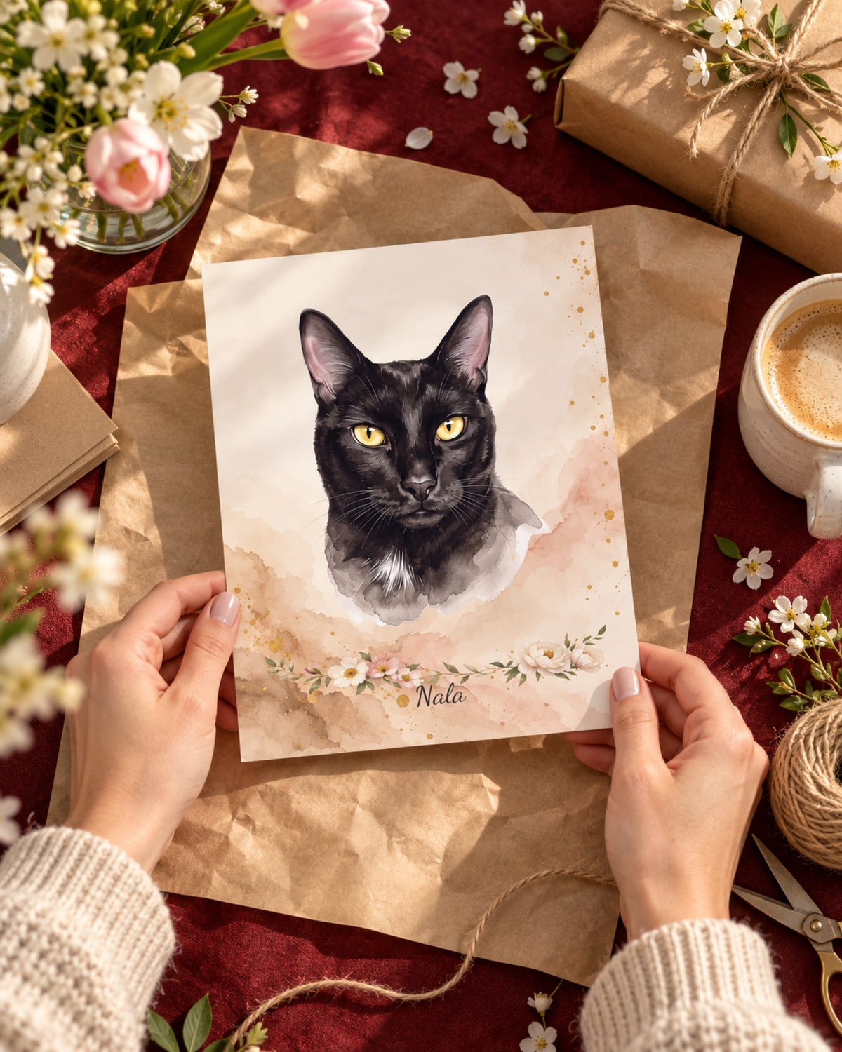 Ungerahmtes Poster mit schwarze Katze Nala in einer Lifestyle-Szene: dunkelroter Geschenktisch, kleines rahmenloses Poster auf hellem Packpapier, Frühlingsmorgen