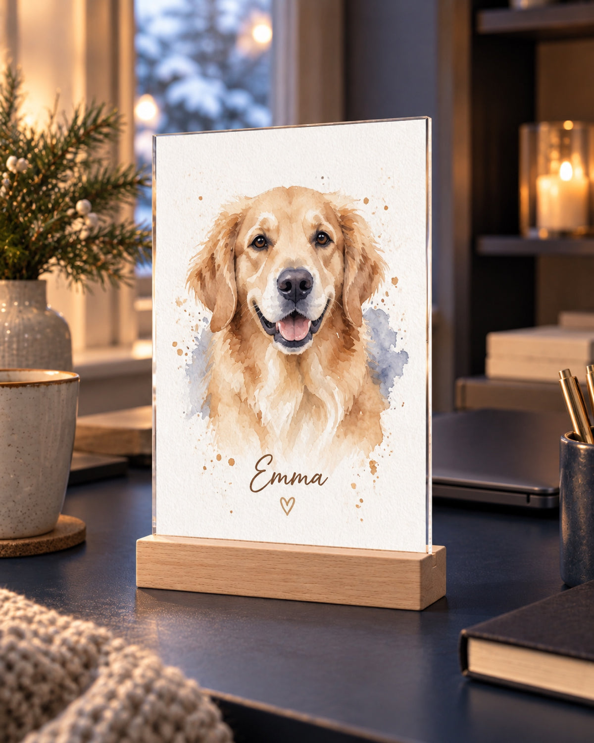 Acryl-Aufsteller mit Holzfuß und Golden Retriever Emma als Aquarellportrait, Name Emma in einer Lifestyle-Szene: dunkelblauer Schreibtisch im winterlichen Arbeitszimmer, unscharfes geschlossenes Laptop im Hintergrund