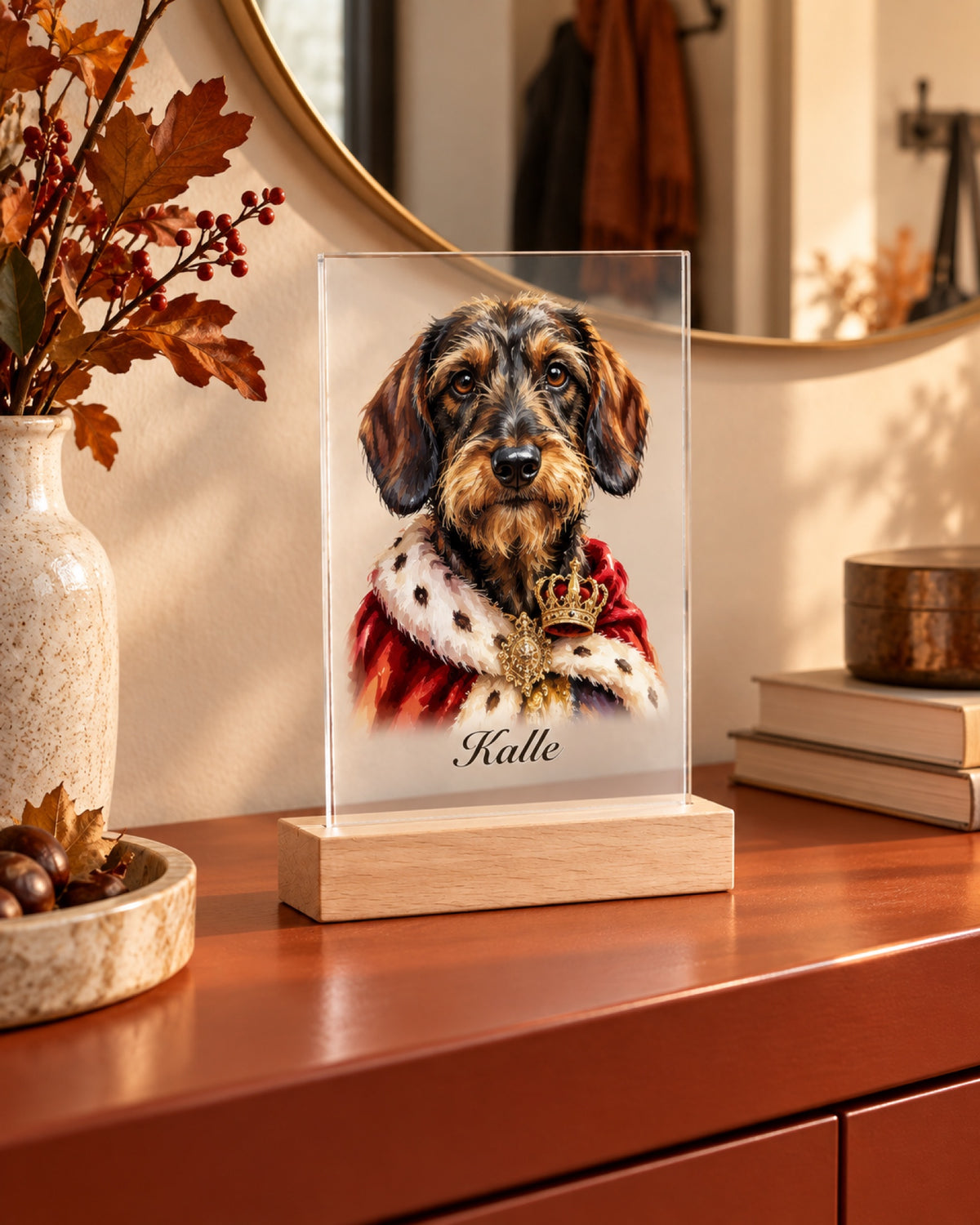Acryl-Aufsteller mit Holzfuß und Rauhaardackel Kalle im Royal-Stil, Name Kalle in einer Lifestyle-Szene: rostrote Konsole in einem herbstlichen Flur mit rundem Spiegel