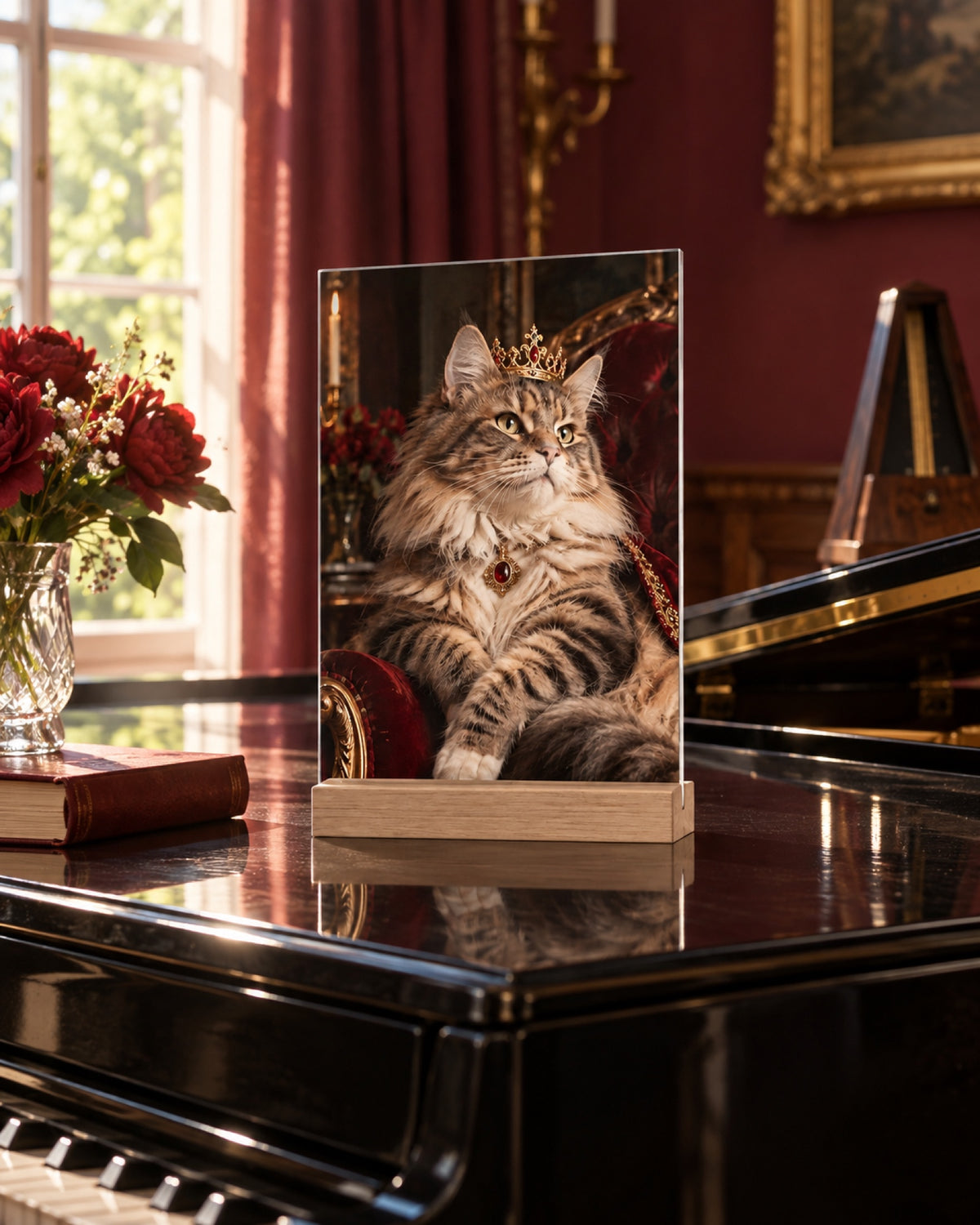 Acryl-Aufsteller mit Holzfuß und Maine Coon als Königin in einer Lifestyle-Szene: bordeauxrotes Musikzimmer, Acryl auf Klavier ohne sichtbares Markenzeichen, Sommermorgen