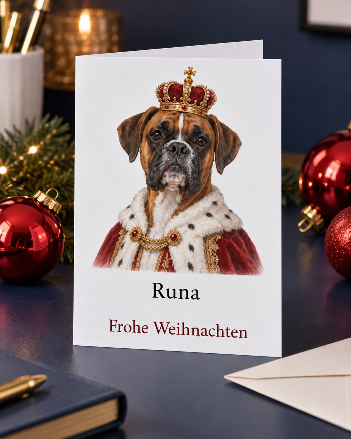 Weihnachtskarte mit Boxer im Royal-Stil und Namen Runa auf einem navyblauen Schreibtisch neben roten Weihnachtskugeln