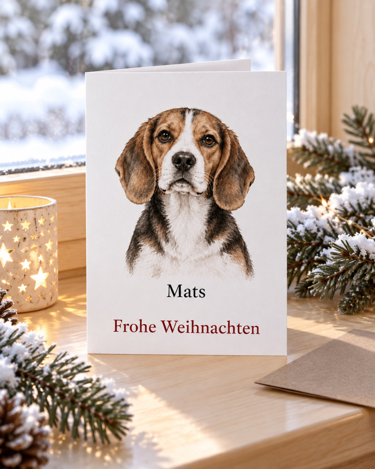 Weihnachtskarte mit Beagle und Namen Mats auf einer hellen Birkenfensterbank mit verschneiten Tannenzweigen