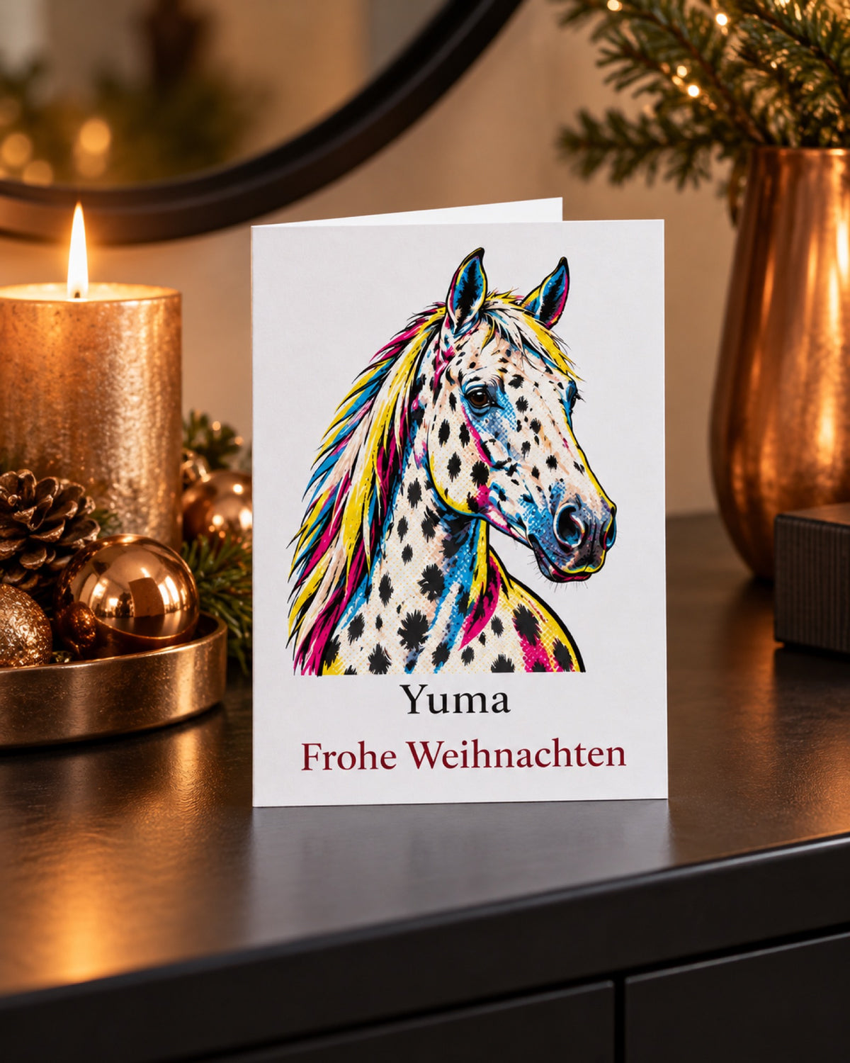 Weihnachtskarte mit Tigerschecke im Pop-Art-Stil und Namen Yuma auf einem schwarzen Konsolentisch neben Kupfer-Adventsdeko